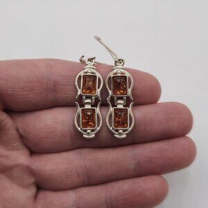 Sterling Silver Tarnished Double Amber Dangle Earrings A2246
